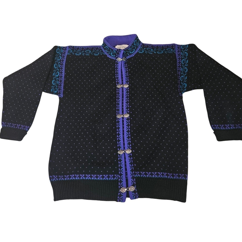 Stowe Woolens Handcrafted Wool Cardigan Nordic Silver Clasps Black Purple LM